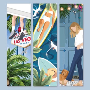 Könnte beinhalten: Drei vertikale Tafeln mit verschiedenen Szenen. Die linke Tafel zeigt eine Palme und ein Schild mit der Aufschrift "Willkommen in Las Vegas, Nevada". Die mittlere Tafel zeigt eine Frau, die auf einem Surfbrett im Meer liegt. Die rechte Tafel zeigt eine Frau mit einem Hund, die vor einer blauen Tür steht.