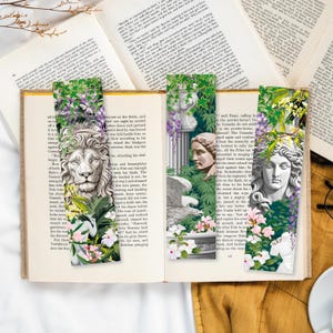 Könnte beinhalten: Vier Lesezeichen mit einem grünen und weißen Blumenmuster und einer Steinskulptur eines Löwen, einer Frau und eines Mannes. Die Lesezeichen sind auf grünem Hintergrund gedruckt und haben einen weißen Rand.