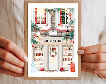 Illustration Bookstore de Noël, Carte de voeux Noel, carte postale,, illustration, carte de Noël, idée cadeau