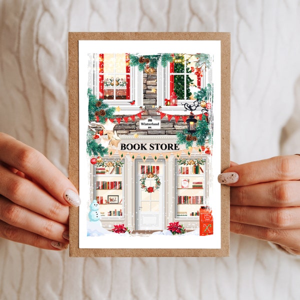 Illustration Bookstore de Noël, Carte de voeux Noel, carte postale,, illustration, carte de Noël, idée cadeau