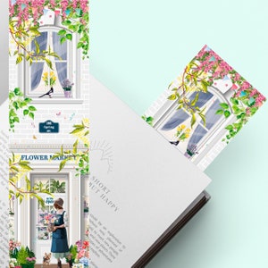 Peut inclure: Une illustration colorée d'une boutique de fleurs avec une enseigne qui indique "Flower Market". La boutique est décorée de fleurs et de guirlandes. Une femme se tient dans l'entrée en tenant un bouquet de fleurs. La boutique est située dans une rue appelée "198 Spring Ave."