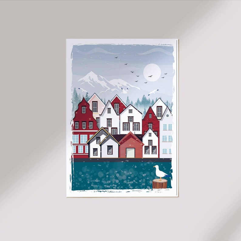 Affiche Déco Voyage Vintage Bergen Norvège - Style Rétro, Impression Qualité, Prête à Encadrer