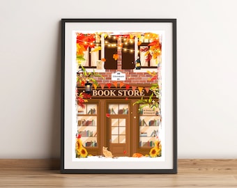 Illustration Bookstore d’Automne | Carte Postale Librairie | Papeterie Vintage | Idée Cadeau Lecteur
