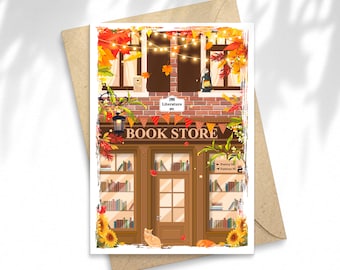 Illustration Bookstore D'automne, carte postale, Papeterie, illustration, carte à message, idée cadeau