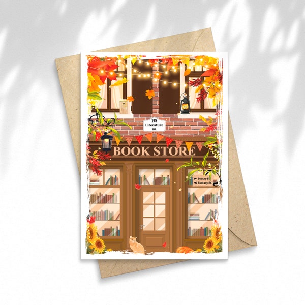Illustration Bookstore D'automne, carte postale, Papeterie, illustration, carte à message, idée cadeau