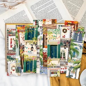 Könnte beinhalten: Ein Set bunter Lesezeichen mit Illustrationen von charmanten Ladenfronten mit festlichen Dekorationen, darunter Girlanden, Flaggen und Grünpflanzen. Die Lesezeichen zeigen Texte wie "Poetry St.", "Book Store", "Christmas" und "Wonderland".