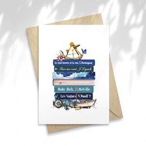 Illustration Pile de livres Mer & Océans, carte à offrir, carte postale, Papeterie, illustration, carte à message, idée cadeau, été