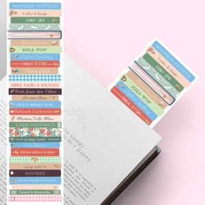 May include: A set of colorful book-themed bookmarks with whimsical illustrations and text. The bookmarks feature a variety of designs, including a bunny, a cat, a pig, and a fox. The text on the bookmarks includes titles like "Hill Top", "Sophie Canétang", and "Pierre Lapin".
