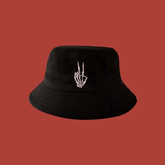 Peace Sign Skeleton Skull Hands Bucket Hat Black Adjustable