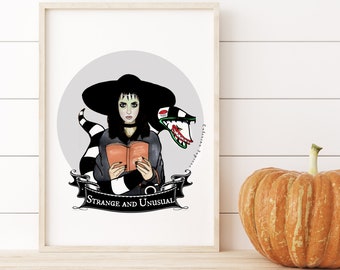 Strange and Unusual Lydia Deetz Beetlejuice Tim Burton Gothic Halloween Fall Spooky Season Handbook of the dead Art Print