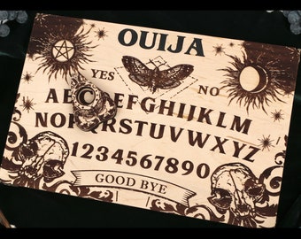 Wooden Classic Ouija board, Halloween Party, Spirit game with metal legs, wood planchette and velour case