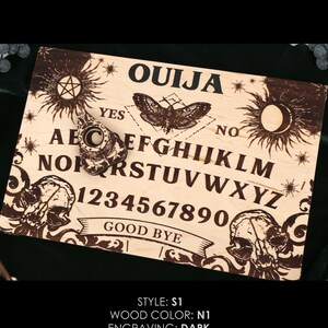 Wooden Classic Ouija board, Halloween Party, Spirit game with metal legs, wood planchette and velour case