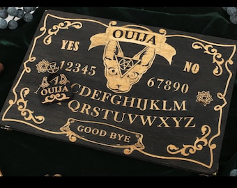 Ouija board , mystical gift , witch craft , talking to the dead , wooden ouija board with metal legs, wood planchette and velour case