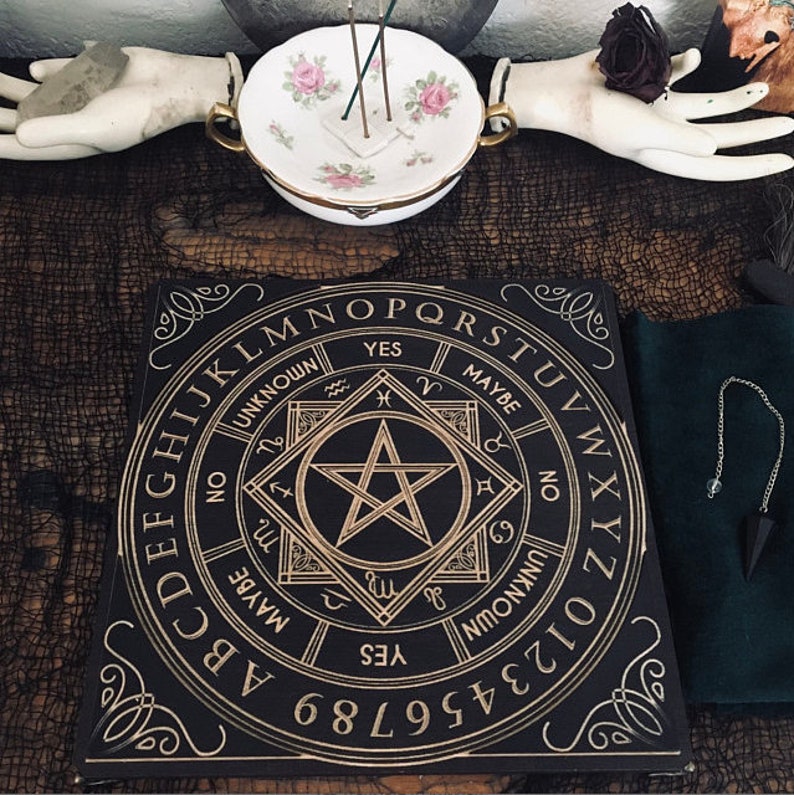 Pendulum board, witch board, Spiritual Dowsing Board, Spirit game for talking to the souls of the dead with metal legs and velour case image 4