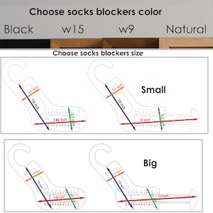 May include: Diagram showing two sizes of sock blockers, labelled "Small" and "Big". The blockers are shaped like a sock and have measurements in inches marked on them. The colours shown are black, white, and natural.