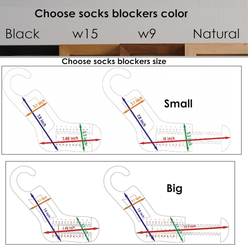 May include: Diagram showing two sizes of sock blockers, labelled "Small" and "Big". The blockers are shaped like a sock and have measurements in inches marked on them. The colours shown are black, white, and natural.