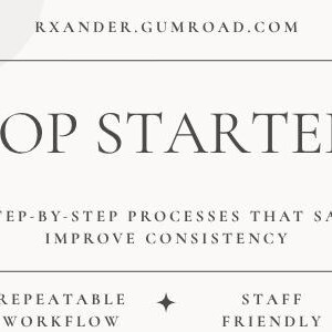 May include: Cream-colored banner with the text "SOP STARTER" in a serif font. Below, it reads "CREATE STEP-BY-STEP PROCESSES THAT SAVE TIME & IMPROVE CONSISTENCY." Additional text includes "GENERATE LEADS," "ORGANIZE IN MINUTES," and "EASY FOLLOW UP."