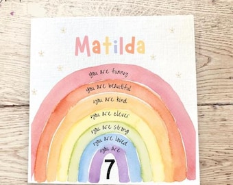 Personalised Rainbow Birthday card | You are Strong. You are Brave. You are Smart. You are Kind Birthday Card | Girl's Birthday Card