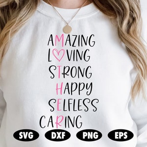 Moeder SVG, Mama SVG, Moeder Geweldig Liefdevol Sterk Onbaatzuchtig Gelukkig Zorgzaam SVG, Moederdag svg, Moeder svg, Mama svg, Moederdag cadeau svg