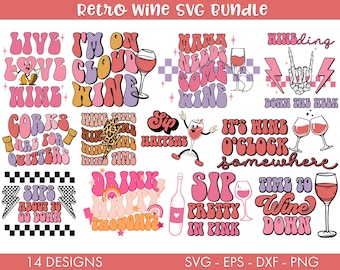 Puede incluir: Un conjunto de 14 diseños SVG de temática vinícola de estilo retro. Los diseños presentan colores rosa, morado y rojo con varias frases de texto como "Live Love Wine", "I'm on Cloud Wine", "Mama Needs Some Wine", "Wine-ding Down the Week", "Corks Are for Quitters", "Wine Time", "Sip Happens", "It's Wine O'Clock Somewhere", "Sips About to Go Down", "Drink Happy Thoughts", "Sip Pretty in Pink", y "Time to Wine Down".