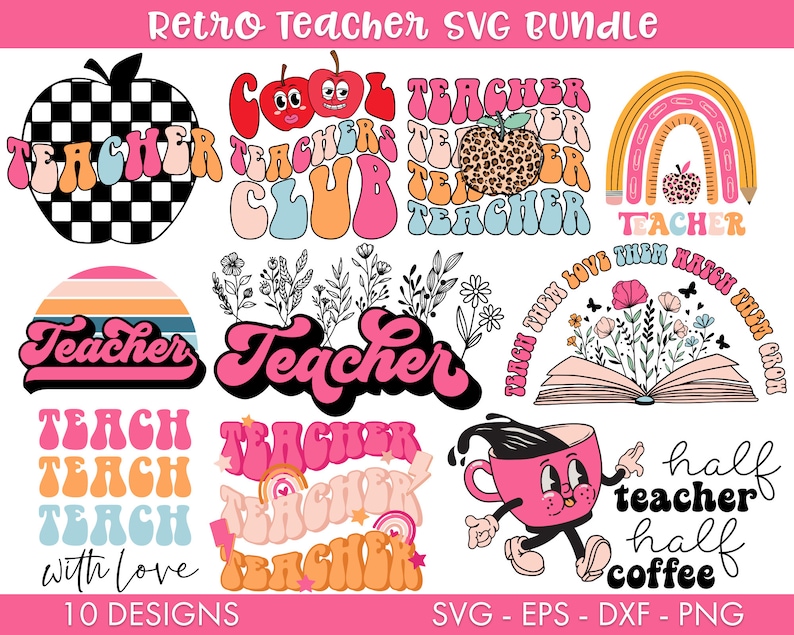 K&ouml;nnte beinhalten: Ein Set mit 10 Retro-Lehrer-SVG-Designs in verschiedenen Farben und Stilen. Die Designs beinhalten einen Regenbogen, eine Kaffeetasse, ein Buch und verschiedene Textdesigns mit dem Wort "Lehrer".