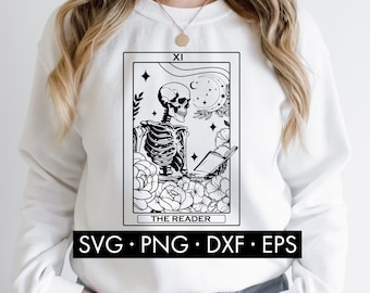 The Reader Tarot SVG, Reading SVG, Trendy book svg, Book SVG, Book quotes svg, Tarot svg, Book lover svg, Booktrovert svg, Skeleton Book Svg