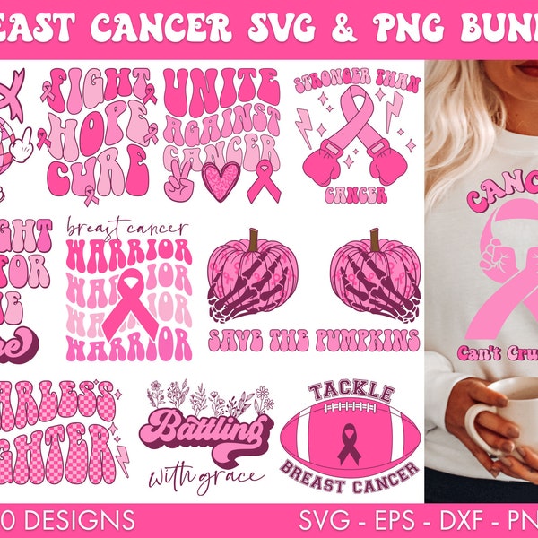 Retro Breast Cancer SVG Bundle, Breast cancer SVG, Breast cancer Png, Pink Ribbon svg, Retro cancer svg, Fight cancer Svg, Tackle cancer svg