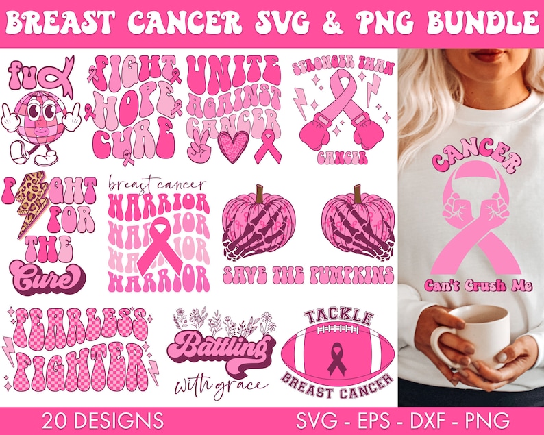 Retro Breast Cancer SVG Bundle, Breast cancer SVG, Breast cancer Png, Pink Ribbon svg, Retro cancer svg, Fight cancer Svg, Tackle cancer svg image 1