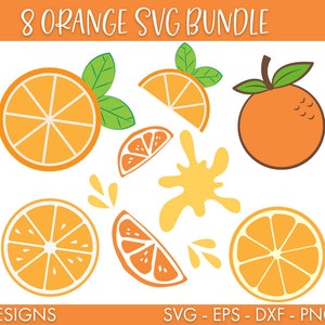 May include: A set of eight orange SVG designs, including whole oranges, orange slices, and orange juice splatters. The designs are perfect for crafting projects, scrapbooking, and more.