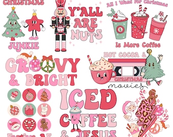 Retro Pink Christmas Sublimation PNG Bundle, Christmas sublimation, Merry Christmas png, Pink Santa png, Trendy Christmas png, Characters