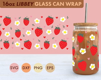 Strawberry Hearts 16oz Libbey Glass Can SVG file Cup Wrap, Libbey PNG, Strawberry svg, Strawberry Libbey Can Wrap svg, Hearts png