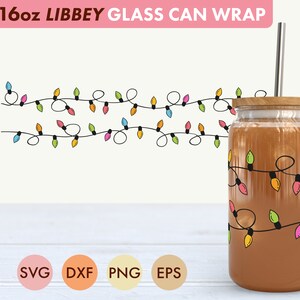 May include: A 16oz glass can wrap with a design of colorful string lights. The wrap is designed to fit a Libbey glass can. The image also shows a glass can with the wrap applied.