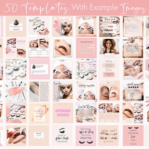 K&ouml;nnte beinhalten: Eine Sammlung von 50 Social-Media-Vorlagen f&uuml;r Wimperntechniker. Die Vorlagen haben rosa und wei&szlig;e Hintergr&uuml;nde mit Bildern von Wimpern, Wimpernextensions und Wimpernstylisten. Der Text auf den Vorlagen enth&auml;lt S&auml;tze wie "Sale", "&Ouml;ffnungszeiten", "Happy National Lash Day" und "Qualit&auml;t statt Quantit&auml;t".