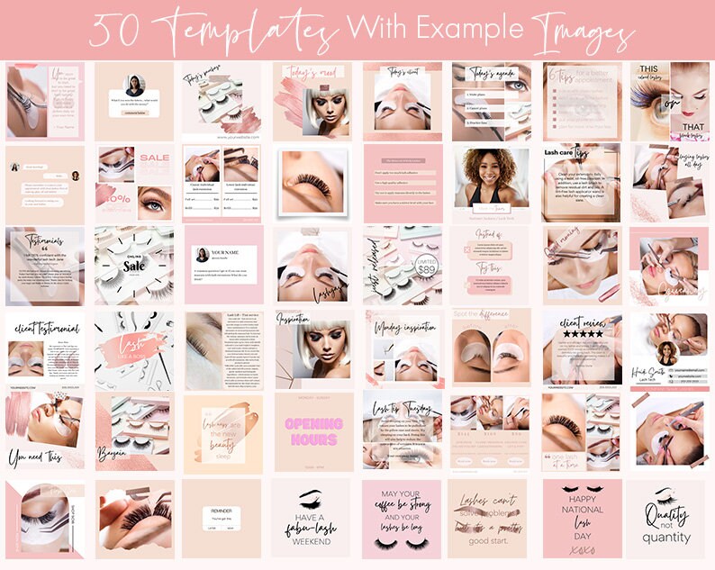 K&ouml;nnte beinhalten: Eine Sammlung von 50 Social-Media-Vorlagen f&uuml;r Wimperntechniker. Die Vorlagen haben rosa und wei&szlig;e Hintergr&uuml;nde mit Bildern von Wimpern, Wimpernextensions und Wimpernstylisten. Der Text auf den Vorlagen enth&auml;lt S&auml;tze wie "Sale", "&Ouml;ffnungszeiten", "Happy National Lash Day" und "Qualit&auml;t statt Quantit&auml;t".
