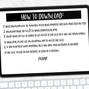 May include: A white tablet with a black screen displaying instructions on how to download a digital product from Etsy. The text on the screen reads "HOW TO DOWNLOAD:" followed by a list of steps. The last line of text reads "ENJOY!"