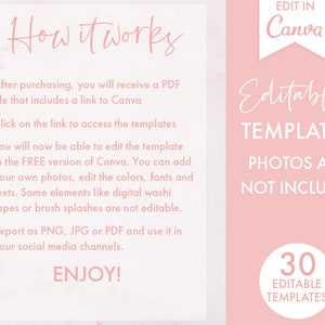 K&ouml;nnte beinhalten: Rosa-wei&szlig;es Grafik mit dem Text "How it works" und Anweisungen zur Verwendung der 30 editierbaren Vorlagen. Der Text "EDIT IN Canva" befindet sich in einem rosa Feld. Der Text "Editable Templates" befindet sich in einem rosa Feld. Der Text "PHOTOS ARE NOT INCLUDED" befindet sich in einem rosa Feld. Der Text "30 EDITABLE TEMPLATES" befindet sich in einem rosa Kreis.