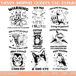 Pacote SVG de citações engraçadas e atrevidas de animais, SVG de gambá, SVG de guaxinim, SVG de polvo, SVG sarcástico, SVG engraçado, SVG de humor adulto, SVG de tubarão