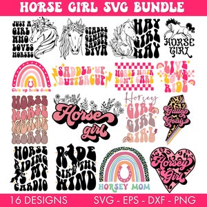 May include: A bundle of 16 SVG designs with a horse theme. The designs feature text like "Horse Girl", "Just a Girl Who Loves Horses", and "Ride the Kind". The colour palette includes pink, black, white, and tan.