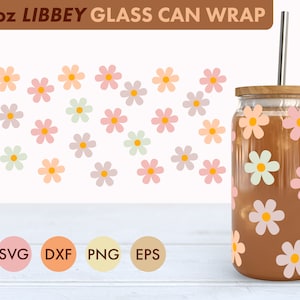 Pastel bloemen 16oz Libbey glas kan SVG-bestand Cup Wrap, Libbey PNG, Daisy svg, Daisy Libbey kan wrap svg, pastel bloem png, retro svg