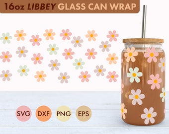 Pastel Flowers 16oz Libbey Glass Can SVG file Cup Wrap, Libbey PNG, Daisy svg, Daisy Libbey Can Wrap svg, Pastel Flower png, Retro svg