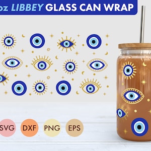 Puede incluir: Una envoltura para lata de vidrio de 473 ml con un diseño de ojos malos azules y dorados. La envoltura está diseñada para adaptarse a una lata de vidrio Libbey.