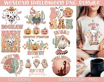Paquete PNG de sublimación de Halloween occidental, sublimación de Halloween, calabaza vaquera png, Howdy fantasma png, divertido Halloween png, Boohaw png