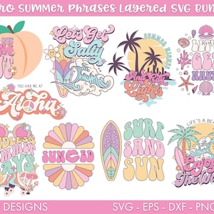 Paquete SVG de verano retro, Paquete PNG de verano, Peach svg, Summer svg, Surfing svg, Aloha svg, Palm Tree svg, Pastel svg, Cute svg, Funny svg