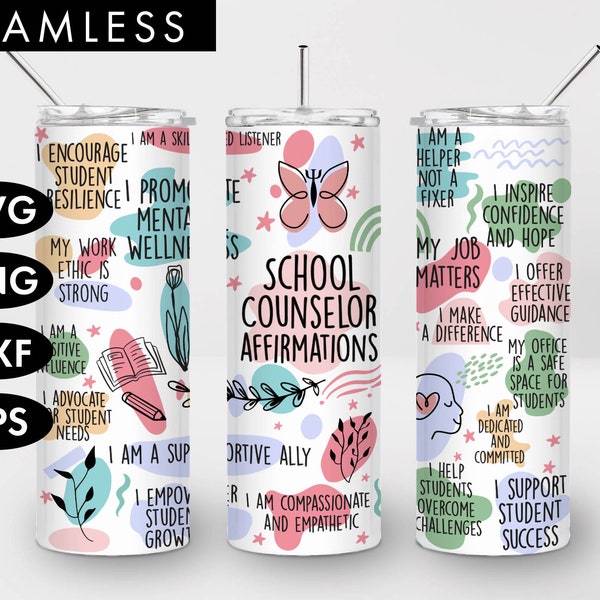 20oz Seamless School Counselor Daily Affirmations Skinny Tumbler Sublimation, PNG, School counselor svg, Affirmation tumbler svg