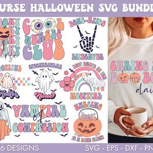 May include: A set of 16 digital designs featuring Halloween-themed illustrations for nurses. The designs feature a variety of spooky and cute images, including ghosts, pumpkins, and candy. The text "Caring for Boo Boos Daily" is featured in one of the designs.