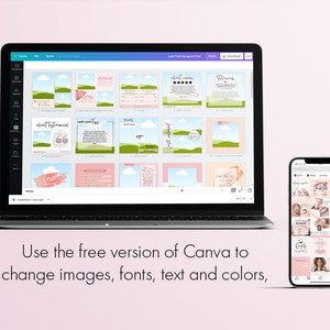 K&ouml;nnte beinhalten: Ein Laptop-Bildschirm zeigt eine Canva-Designvorlage f&uuml;r Social-Media-Posts. Die Vorlage zeigt eine gr&uuml;ne Landschaft mit einer wei&szlig;en Wolke und dem Text "This or That". Der Bildschirm zeigt auch andere Designelemente, wie z. B. ein Kundenzeugnis, Tipps zur Wimpernpflege und eine Verkaufsanzeige. Ein Mobiltelefon ist in der unteren rechten Ecke des Bildes zu sehen und zeigt ein Raster von Bildern im Zusammenhang mit Wimpernverl&auml;ngerungen.