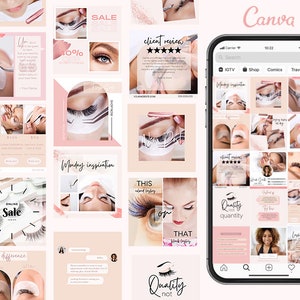 K&ouml;nnte beinhalten: Eine Collage von Bildern, die Wimpernverl&auml;ngerungen bewerben. Die Bilder zeigen Nahaufnahmen von Augen mit verschiedenen Wimpernstilen, Werkzeuge, die zum Anbringen von Wimpern verwendet werden, und Text, der "Montag Inspiration", "Qualit&auml;t statt Quantit&auml;t" und "Das ist Wimperntherapie" lautet.