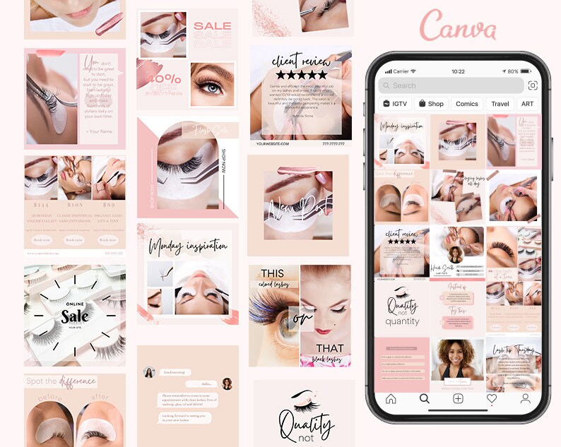 K&ouml;nnte beinhalten: Eine Collage von Bildern, die Wimpernverl&auml;ngerungen bewerben. Die Bilder zeigen Nahaufnahmen von Augen mit verschiedenen Wimpernstilen, Werkzeuge, die zum Anbringen von Wimpern verwendet werden, und Text, der "Montag Inspiration", "Qualit&auml;t statt Quantit&auml;t" und "Das ist Wimperntherapie" lautet.