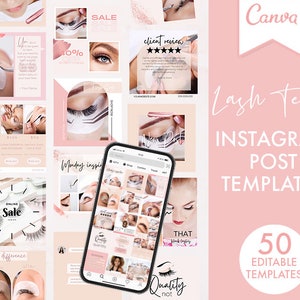 K&ouml;nnte beinhalten: Eine rosa und wei&szlig;e Grafikvorlage f&uuml;r Instagram-Posts f&uuml;r Wimperntechniker. Die Vorlage enth&auml;lt den Text "Lash Tech Instagram Post Templates" und "50 bearbeitbare Vorlagen".