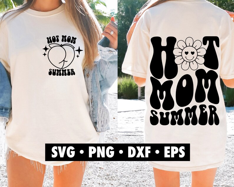 May include: A white t-shirt with a black graphic design that says "Hot Mom Summer" with a peach design. The graphic design is in a retro font style.
